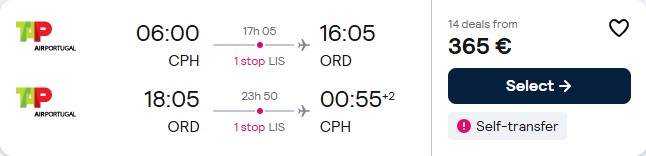 Cheap flights from Copenhagen, Denmark to Chicago, USA for only €365 roundtrip with TAP Air Portugal. Flight deal ticket image.