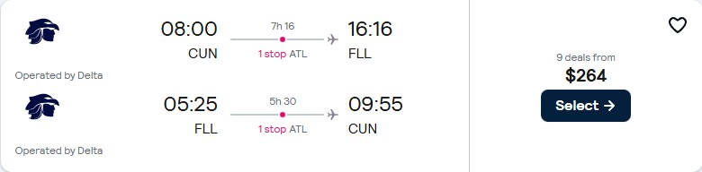 Click here to book this cheap flight deal. Cheap flights from Cancun, Mexico to Fort Lauderdale, USA for only $264 USD roundtrip with Delta Air Lines. Flight deal ticket image.