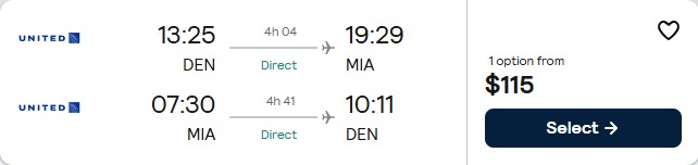 Non-stop flights from Denver, Colorado to Miami for only $115 roundtrip with United Airlines. Flight deal ticket image.