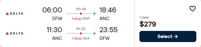 Cheap flights from Dallas, Texas to Anchorage, Alaska for only $279 roundtrip with Delta Air Lines. Also works in reverse. Flight deal ticket image.