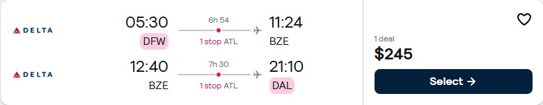 Cheap flights from Dallas, Texas to Belize City, Belize for only $245 roundtrip with Delta Air Lines. Flight deal ticket image.