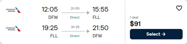 Non-stop flights from Dallas, Texas to Fort Lauderdale for only $91 roundtrip with American Airlines. Also works in reverse. Flight deal ticket image.