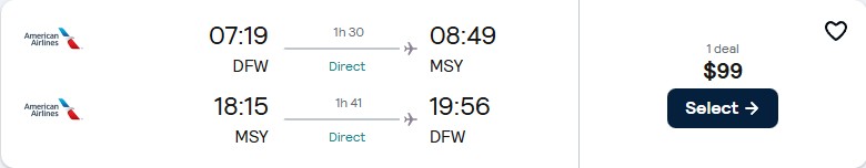 Non-stop, summer flights from Dallas, Texas to New Orleans for only $99 roundtrip with American Airlines. Also works in reverse. Flight deal ticket image.