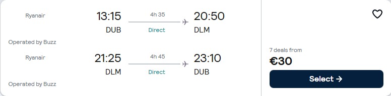Non-stop flights from Dublin, Ireland to Dalaman, Turkey for only €30 roundtrip. Flight deal ticket image.