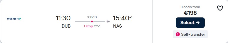 Cheap flights from Dublin, Ireland to the Bahamas for only €198 one-way. Flight deal ticket image.