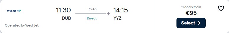 Non-stop flights from Dublin, Ireland to Toronto, Canada for only €95 one-way. Flight deal ticket image.