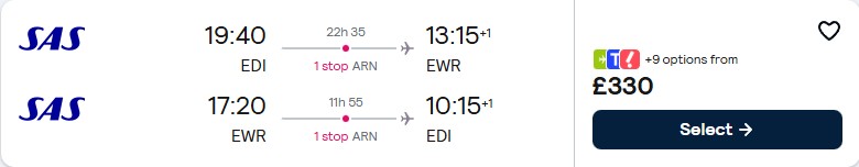Click here to book this cheap flight deal. Cheap flights from Edinburgh, Scotland to New York, USA for only £330 roundtrip with Scandinavian Airlines. Flight deal ticket image.