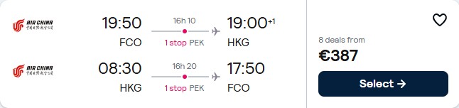 Cheap flights from Rome, Italy to Hong Kong for only €387 roundtrip. Flight deal ticket image.