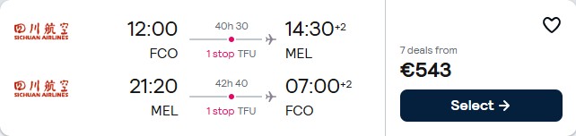 Click here to book this cheap flight deal. Cheap flights from Rome, Italy to Melbourne or Sydney, Australia from only €543 roundtrip. Flight deal ticket image.