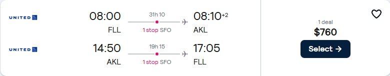 Cheap flights from Fort Lauderdale to Auckland, New Zealand for only $760 roundtrip with United Airlines. Flight deal ticket image.