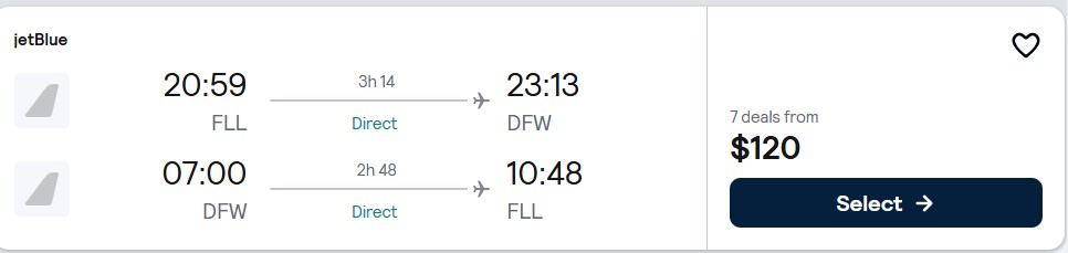 Click here to book this cheap flight deal. Non-stop, Christmas flights from Fort Lauderdale to Dallas, Texas for only $120 roundtrip with JetBlue. Also works in reverse. Flight deal ticket image.