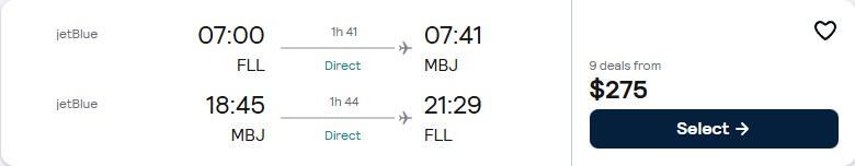 Non-stop flights from Fort Lauderdale to Montego Bay, Jamaica for only $275 roundtrip with JetBlue. Flight deal ticket image.