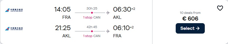 Cheap flights from Frankfurt, Germany to Auckland, New Zealand for only €605 roundtrip. Flight deal ticket image.