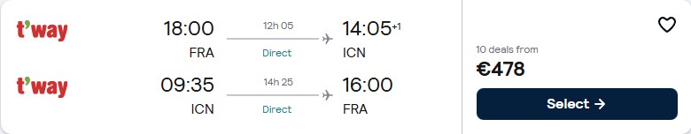 Non-stop flights from Frankfurt, Germany to Seoul, South Korea for only €479 roundtrip. Flight deal ticket image.