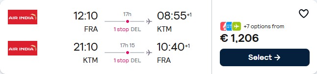 Business Class flights from Frankfurt, Germany to Kathmandu, Nepal for only €1206 roundtrip. Flight deal ticket image.