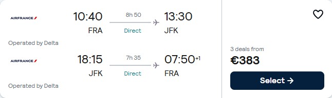 Non-stop flights from Frankfurt, Germany to New York, USA for only €383 roundtrip with Delta Air Lines. Flight deal ticket image.