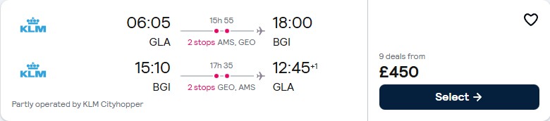 Click here to book this cheap flight deal. Cheap flights from Glasgow, Scotland to Barbados for only £450 roundtrip with KLM. Flight deal ticket image.