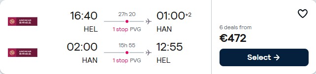 Cheap flights from Helsinki, Finland to Hanoi, Vietnam for only €472 roundtrip. Flight deal ticket image.