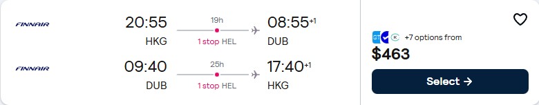 Click here to book this cheap flight deal. Cheap flights from Hong Kong to Dublin, Ireland for only $463 USD roundtrip with Finnair. Flight deal ticket image.