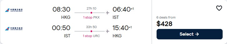 Cheap flights from Hong Kong to Istanbul, Turkey for only $428 USD roundtrip. Flight deal ticket image.