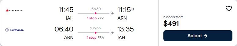 Summer flights from Houston, Texas to Stockholm, Sweden for only $493 roundtrip with Air Canada and Lufthansa. Flight deal ticket image.