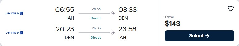 Non-stop flights from Houston, Texas to Denver, Colorado for only $143 roundtrip with United Airlines. Also works in reverse. Flight deal ticket image.