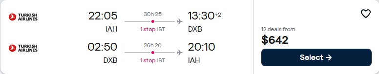 Cheap flights from Houston, Texas to Dubai, UAE for only $642 roundtrip with Turkish Airlines. Flight deal ticket image.