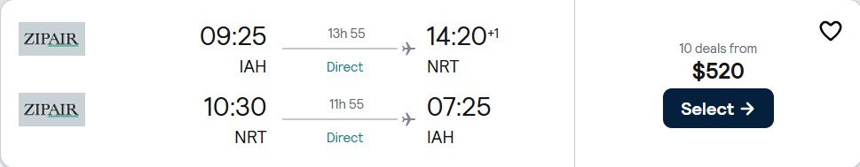 Click here to book this cheap flight deal. Non-stop flights from Houston, Texas to Tokyo, Japan for only $520 roundtrip. Flight deal ticket image.