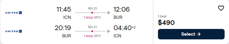 Cheap flights from Seoul, South Korea to Californian cities for only $490 USD roundtrip with United Airlines. Flight deal ticket image.