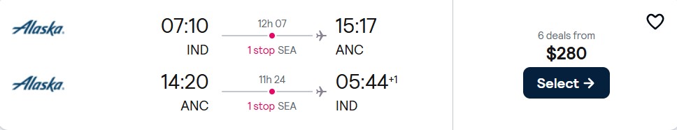 Cheap flights from Indianapolis to Anchorage, Alaska for only $280 roundtrip with Alaska Airlines. Also works in reverse. Flight deal ticket image.