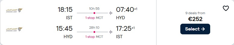 Click here to book this cheap flight deal. Cheap flights from Istanbul, Turkey to Indian cities from only €252 roundtrip. Flight deal ticket image.