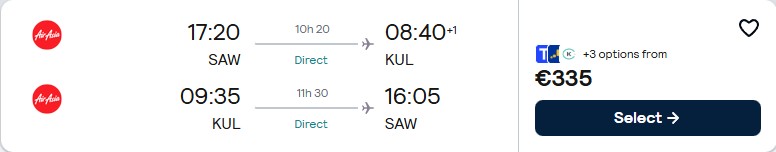 Non-stop flights from Istanbul, Turkey to Kuala Lumpur, Malaysia for only €334 roundtrip. Flight deal ticket image.