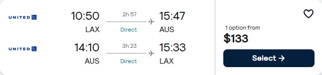 Non-stop flights from Los Angeles to Austin, Texas for only $133 roundtrip with United Airlines. Also works in reverse. Flight deal ticket image.