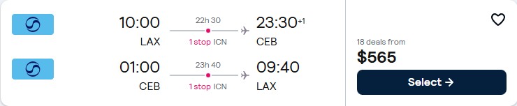 Cheap flights from Los Angeles or San Francisco to Cebu, Philippines for only $565 roundtrip with Korean Air. Flight deal ticket image.