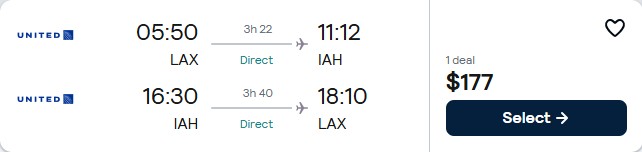 Non-stop flights from Los Angeles to Houston, Texas for only $177 roundtrip with United Airlines. Also works in reverse. Flight deal ticket image.