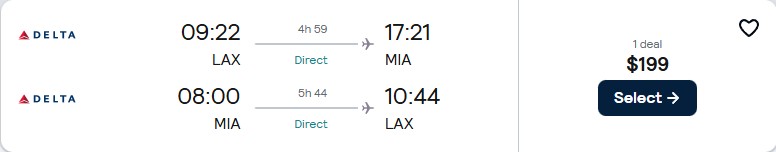 Non-stop flights from Los Angeles to Miami for only $199 roundtrip with Delta Air Lines. Also works in reverse. Flight deal ticket image.
