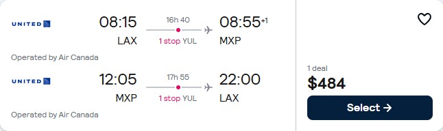 Cheap flights from Los Angeles to Milan, Italy for only $484 roundtrip with Air Canada. Flight deal ticket image.