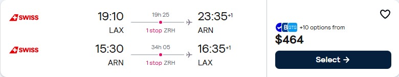 Cheap flights from Los Angeles to Stockholm, Sweden for only $464 roundtrip with Swiss International Air Lines. Flight deal ticket image.