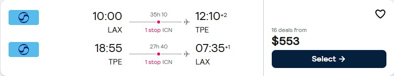 Cheap flights from Los Angeles to Taipei, Taiwan for only $553 roundtrip with Korean Air. Flight deal ticket image.