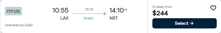 Click here to book this cheap flight deal. Non-stop, summer flights from Los Angeles to Tokyo, Japan for only $243 one-way. Flight deal ticket image.