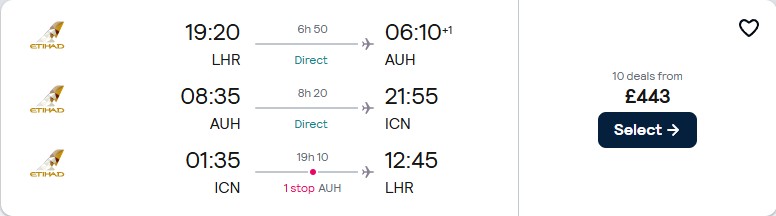 2 in 1 trip...Cheap flights from London, UK to Abu Dhabi, UAE and Seoul for only £443 roundtrip with Etihad Airways. Flight deal ticket image.