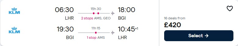 Click here to book this cheap flight deal. Cheap flights from London or Manchester, UK to Barbados from only £420 roundtrip with KLM. Flight deal ticket image.