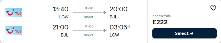 Click here to book this cheap flight deal. Non-stop flights from London or Manchester, UK to Banjul, Gambia from only £222 roundtrip. Flight deal ticket image.