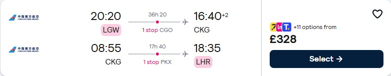 Cheap flights from London, UK to Chongqing, China for only £328 roundtrip. Flight deal ticket image.