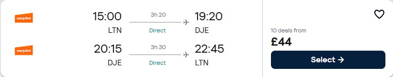 Non-stop flights from London, UK to Djerba, Tunisia for only £44 roundtrip. Flight deal ticket image.