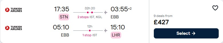 Click here to book this cheap flight deal. Cheap flights from London, UK to Entebbe, Uganda for only £427 roundtrip with Turkish Airlines. Flight deal ticket image.