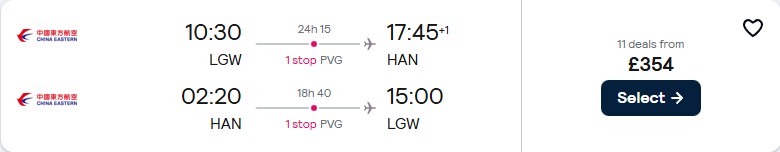 Cheap flights from London, UK to Hanoi, Vietnam for only £354 roundtrip. Flight deal ticket image.
