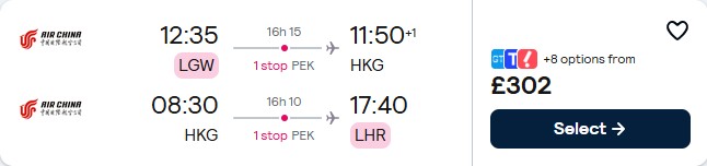 Cheap flights from London, UK to Hong Kong for only £302 roundtrip. Flight deal ticket image.