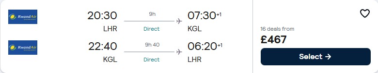 Click here to book this cheap flight deal. Non-stop flights from London, UK to Kigali, Rwanda for only £467 roundtrip. Flight deal ticket image.