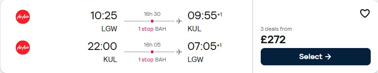 Click here to book this cheap flight deal. Summer flights from London, UK to Kuala Lumpur, Malaysia for only £271 roundtrip. Flight deal ticket image.